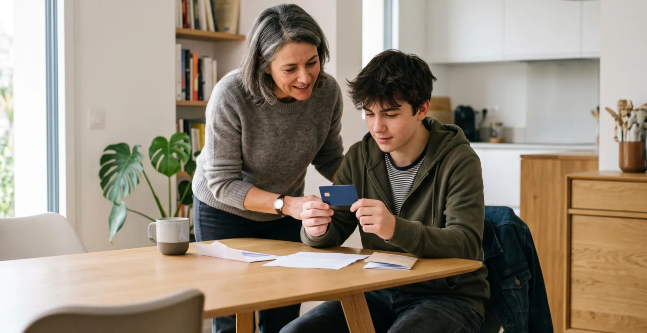 Un adolescent de 17 ans découvre sa première carte bancaire accompagné d'un parent dans un environnement familial moderne.