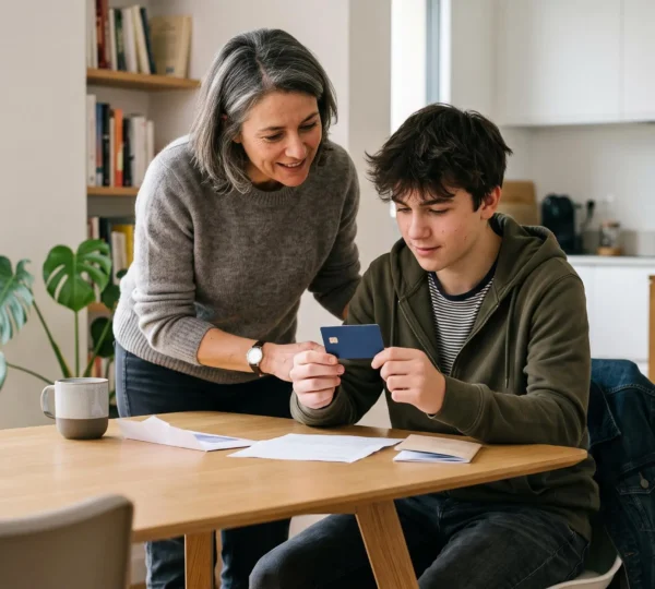 Un adolescent de 17 ans découvre sa première carte bancaire accompagné d'un parent dans un environnement familial moderne.