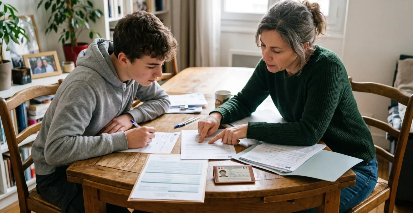 Un parent et un adolescent de 17 ans préparent ensemble les documents nécessaires à l'ouverture d'un compte bancaire sur une table.